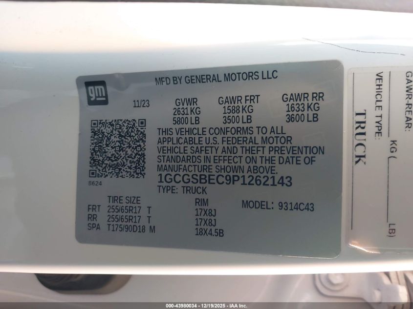 2023 Chevrolet Colorado 2Wd Short Box Wt VIN: 1GCGSBEC9P1262143 Lot: 43980034