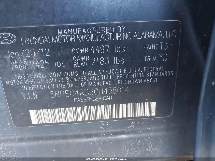 2012 Hyundai Sonata Limited 2.0T VIN: 5NPEC4AB3CH458014 Lot: 43980035