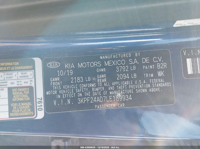 2020 Kia Forte Lxs VIN: 3KPF24AD7LE189934 Lot: 43980039