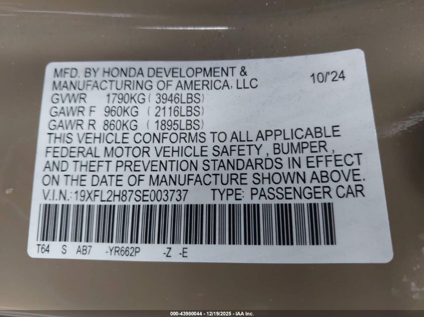 2025 Honda Civic Sedan Sport VIN: 19XFL2H87SE003737 Lot: 43980044
