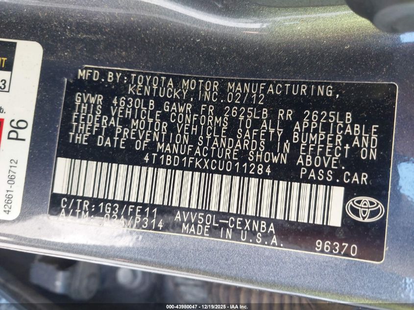 2012 Toyota Camry Hybrid Le VIN: 4T1BD1FKXCU011284 Lot: 43980047