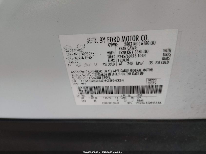 2017 Ford Explorer Xlt VIN: 1FM5K8D8XHGB94324 Lot: 43980048