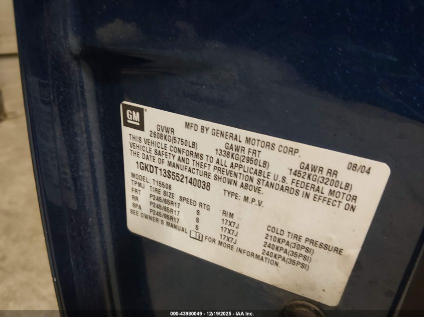 2005 GMC Envoy Slt VIN: 1GKDT13S552140038 Lot: 43980049