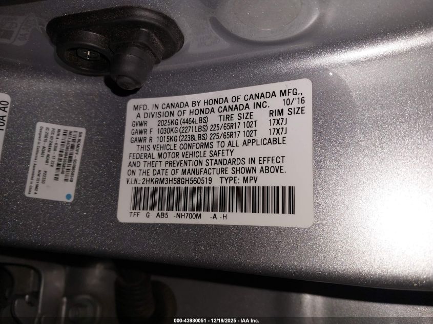 2016 Honda Cr-V Ex VIN: 2HKRM3H58GH560519 Lot: 43980051