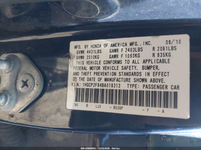 2011 Honda Accord 2.4 Ex-L VIN: 1HGCP2F84BA019313 Lot: 43980052