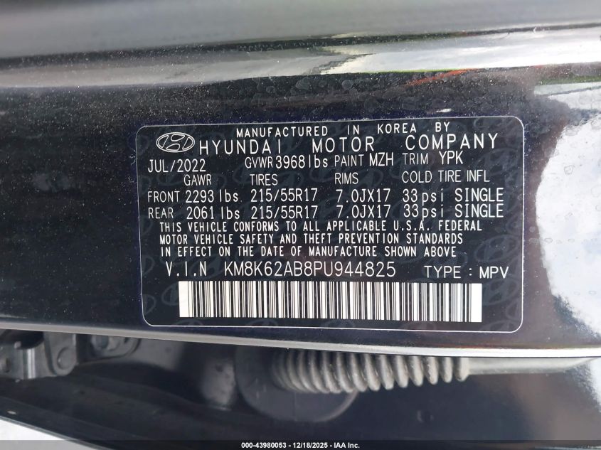 2023 Hyundai Kona Sel VIN: KM8K62AB8PU944825 Lot: 43980053