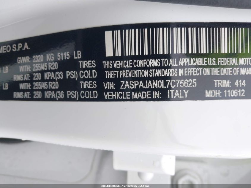 2020 Alfa Romeo Stelvio Rwd VIN: ZASPAJAN0L7C75625 Lot: 43980056