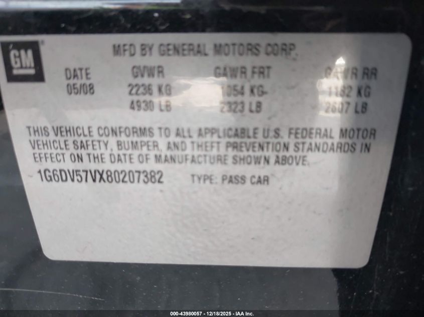 2008 Cadillac Cts Standard VIN: 1G6DV57VX80207382 Lot: 43980057