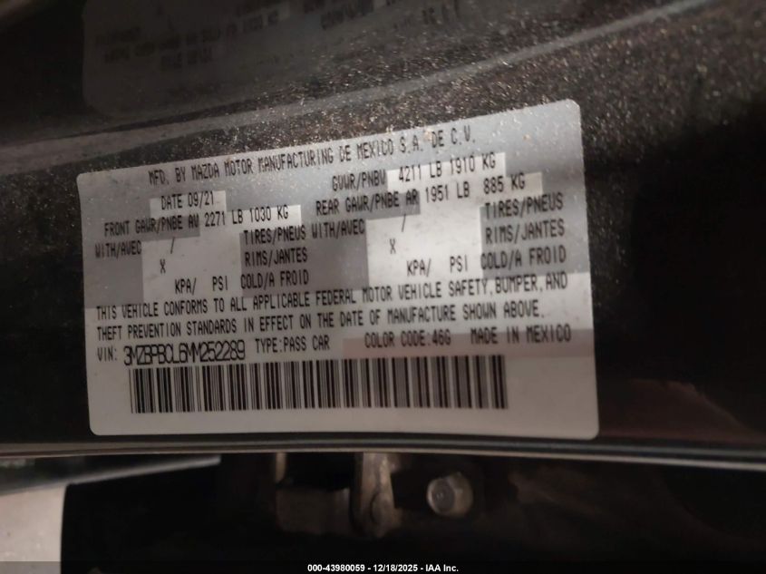 2021 Mazda Mazda3 Preferred VIN: 3MZBPBCL6MM252289 Lot: 43980059