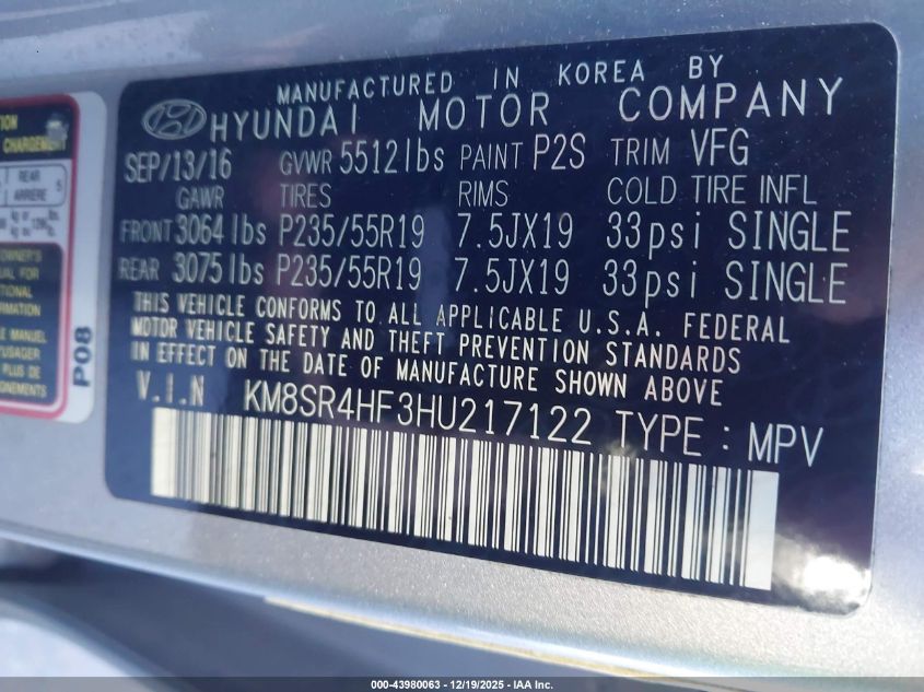 2017 Hyundai Santa Fe Se Ultimate VIN: KM8SR4HF3HU217122 Lot: 43980063