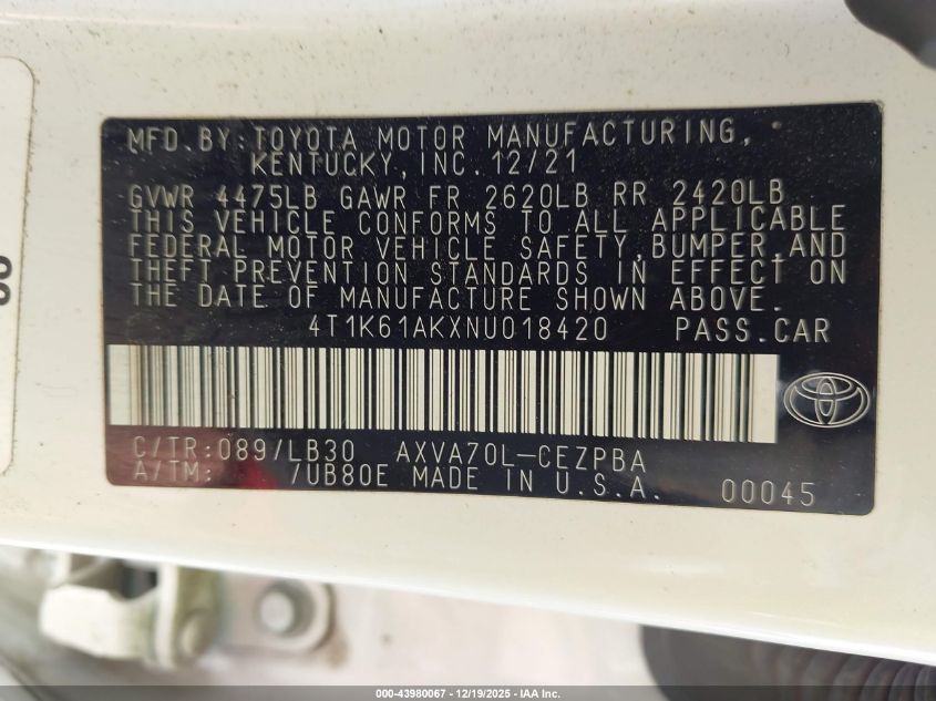 2022 Toyota Camry Xse VIN: 4T1K61AKXNU018420 Lot: 43980067