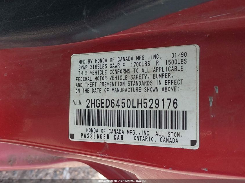 1990 Honda Civic Dx VIN: 2HGED6450LH529176 Lot: 43980070