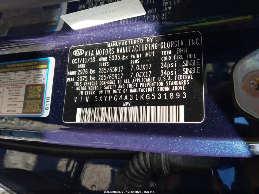 2019 Kia Sorento 2.4L Lx VIN: 5XYPG4A31KG531893 Lot: 43980072