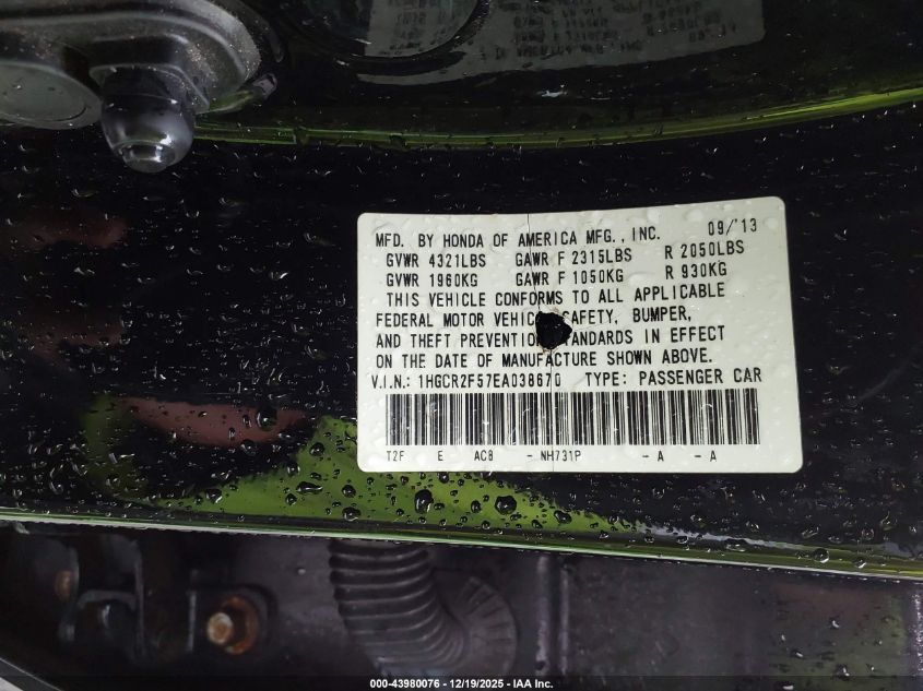 2014 Honda Accord Sport VIN: 1HGCR2F57EA038670 Lot: 43980076