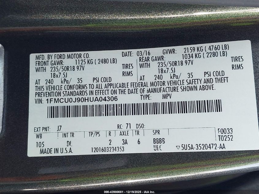 2017 Ford Escape Titanium VIN: 1FMCU0J90HUA04306 Lot: 43980081