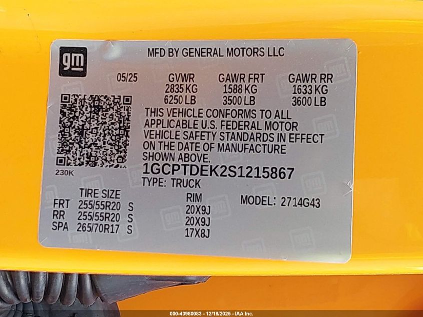 2025 Chevrolet Colorado 4Wd Z71 VIN: 1GCPTDEK2S1215867 Lot: 43980083