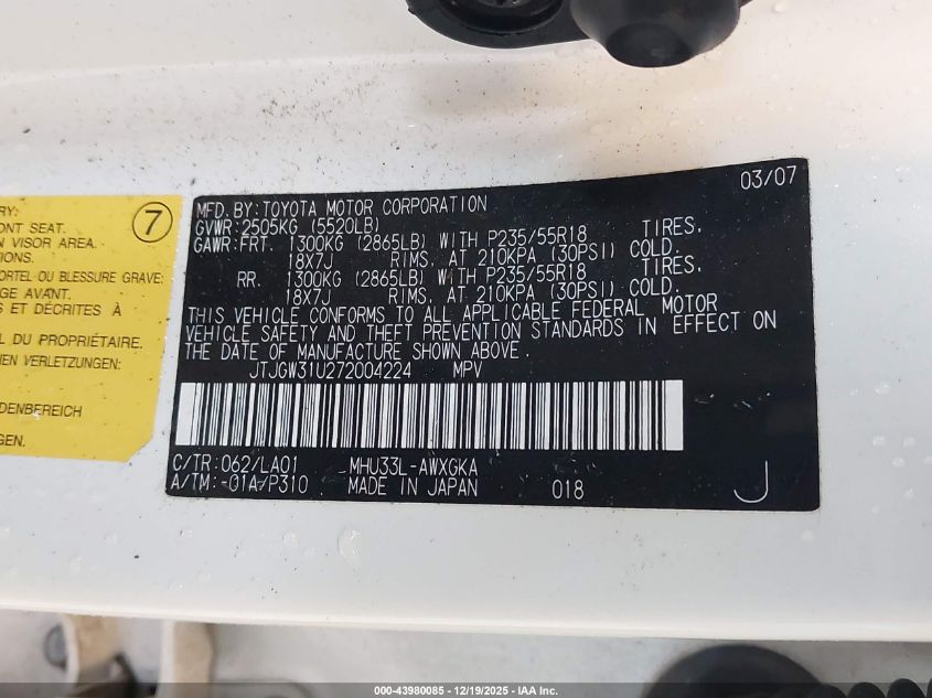 2007 Lexus Rx 400H VIN: JTJGW31U272004224 Lot: 43980085