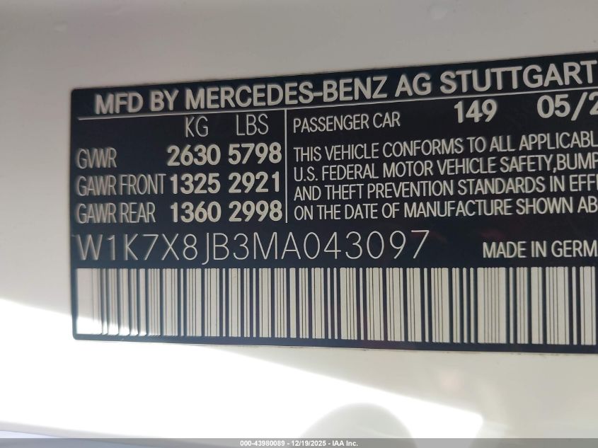 2021 Mercedes-Benz Amg Gt 63 4-Door Coupe VIN: W1K7X8JB3MA043097 Lot: 43980089