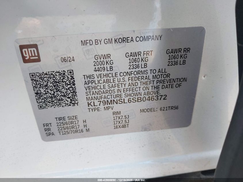2025 Chevrolet Trailblazer Awd Ls VIN: KL79MNSL6SB046372 Lot: 43980090