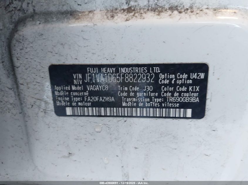 2015 Subaru Wrx Premium VIN: JF1VA1D65F8822932 Lot: 43980091