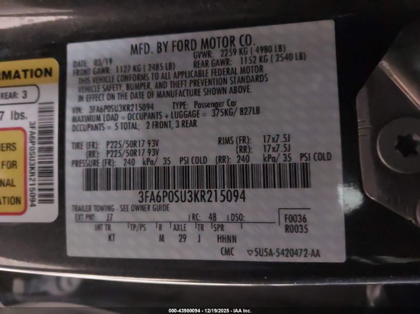 2019 Ford Fusion Energi Titanium VIN: 3FA6P0SU3KR215094 Lot: 43980094