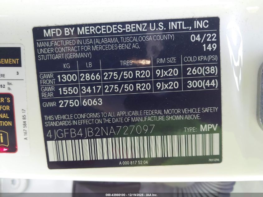 2022 Mercedes-Benz Gle 350 VIN: 4JGFB4JB2NA727097 Lot: 43980100