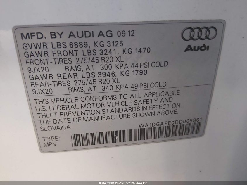 2013 Audi Q7 3.0T S Line Prestige VIN: WA1DGAFE0DD005861 Lot: 43980101