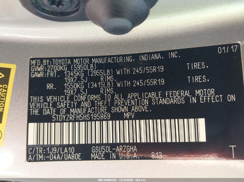 2017 Toyota Highlander Limited VIN: 5TDYZRFH5HS195869 Lot: 43980102
