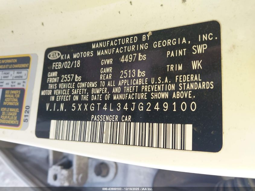 2018 Kia Optima Lx VIN: 5XXGT4L34JG249100 Lot: 43980103