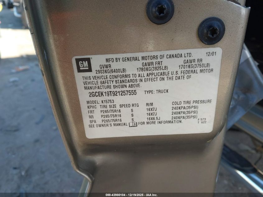 2002 Chevrolet Silverado 1500 Lt VIN: 2GCEK19T921257555 Lot: 43980104