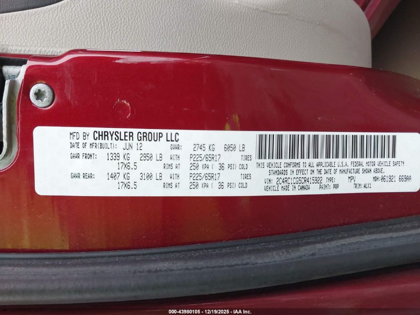 2012 Chrysler Town & Country Touring-L VIN: 2C4RC1CG5CR415922 Lot: 43980105