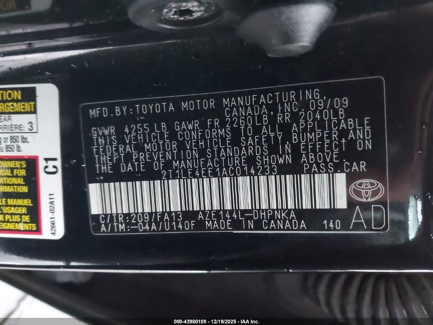 2010 Toyota Matrix S VIN: 2T1LE4EE1AC014233 Lot: 43980109