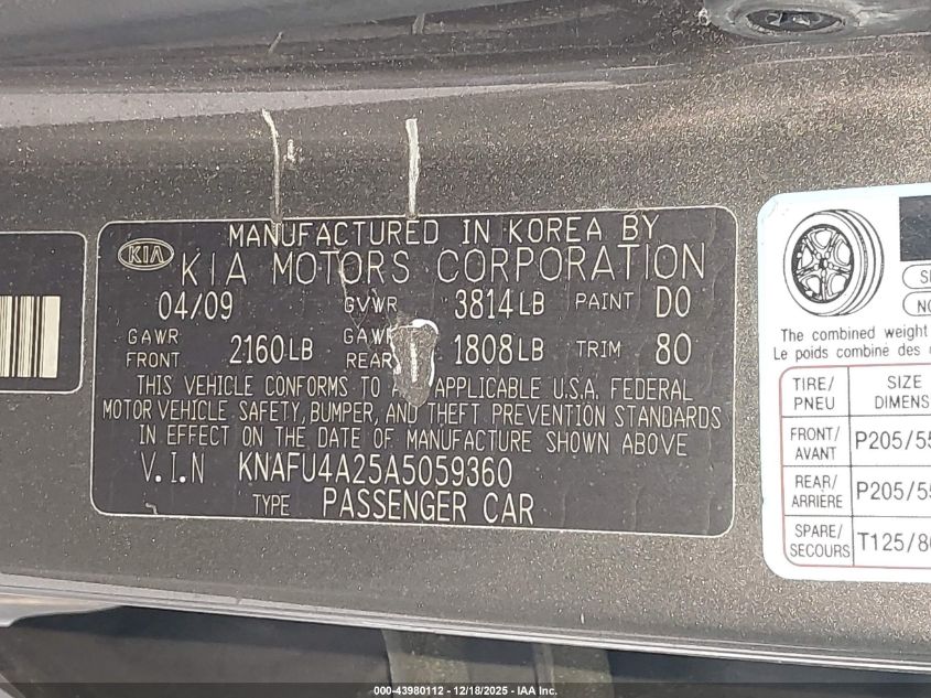 2010 Kia Forte Ex VIN: KNAFU4A25A5059360 Lot: 43980112