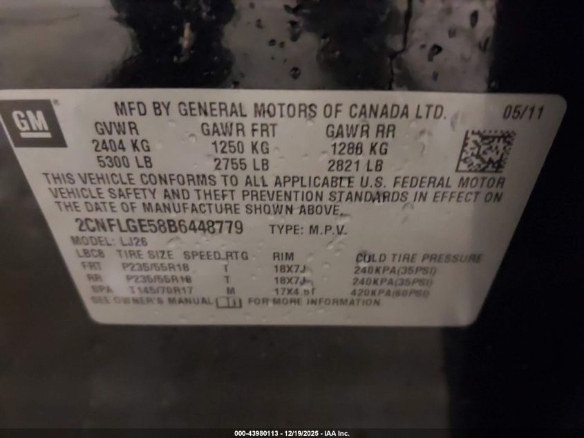 2011 Chevrolet Equinox Ltz VIN: 2CNFLGE58B6448779 Lot: 43980113