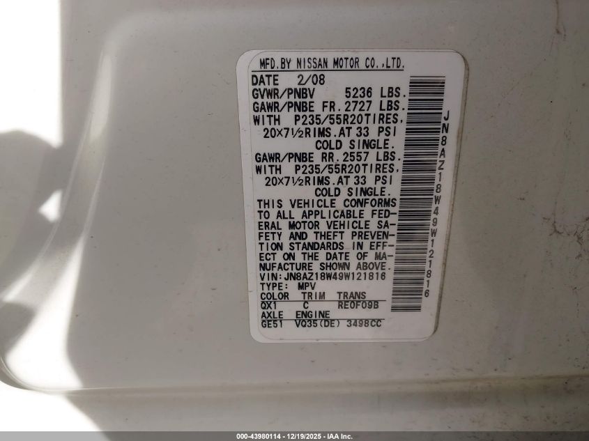 2009 Nissan Murano Le VIN: JN8AZ18W49W121816 Lot: 43980114