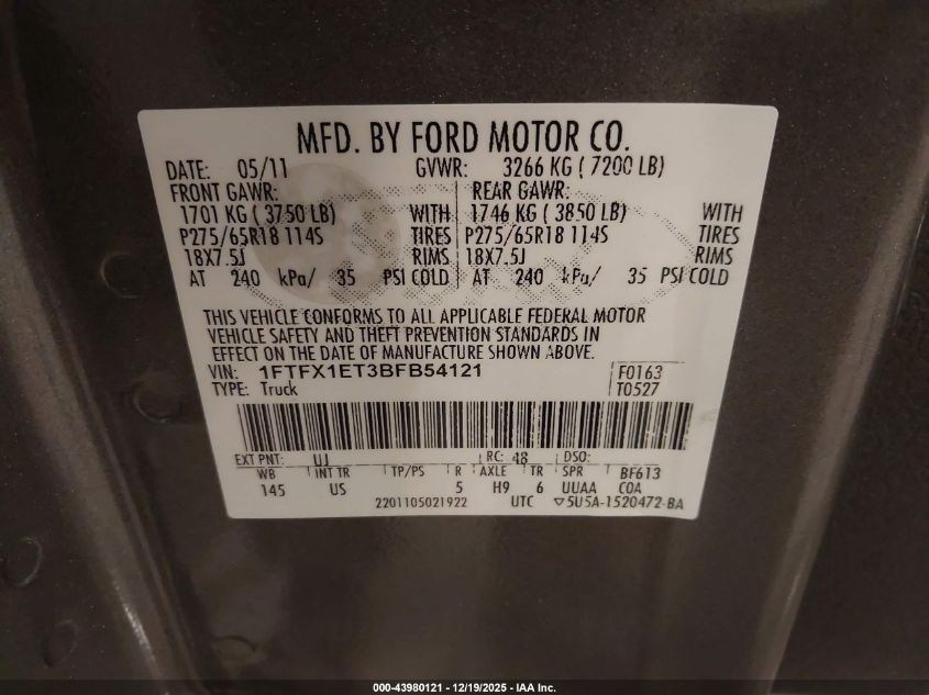 2011 Ford F-150 Xlt VIN: 1FTFX1ET3BFB54121 Lot: 43980121