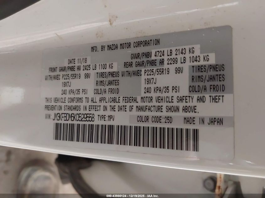 2019 Mazda Cx-5 Grand Touring VIN: JM3KFBDM6K0529558 Lot: 43980124