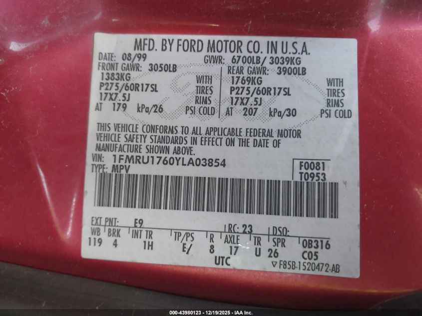 2000 Ford Expedition Eddie Bauer VIN: 1FMRU1760YLA03854 Lot: 43980123