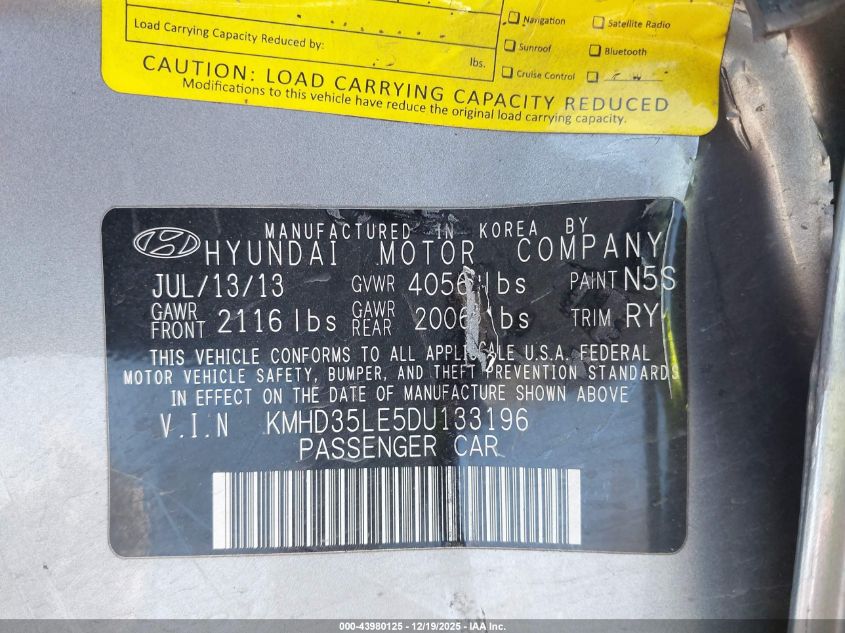 2013 Hyundai Elantra Gt VIN: KMHD35LE5DU133196 Lot: 43980125