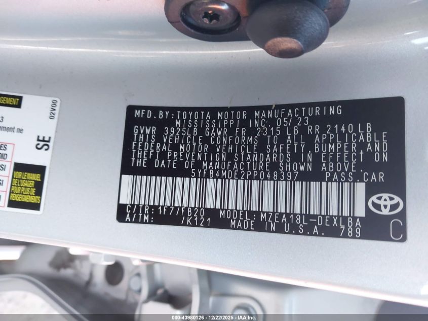 2023 Toyota Corolla Le VIN: 5YFB4MDE2PP048397 Lot: 43980126