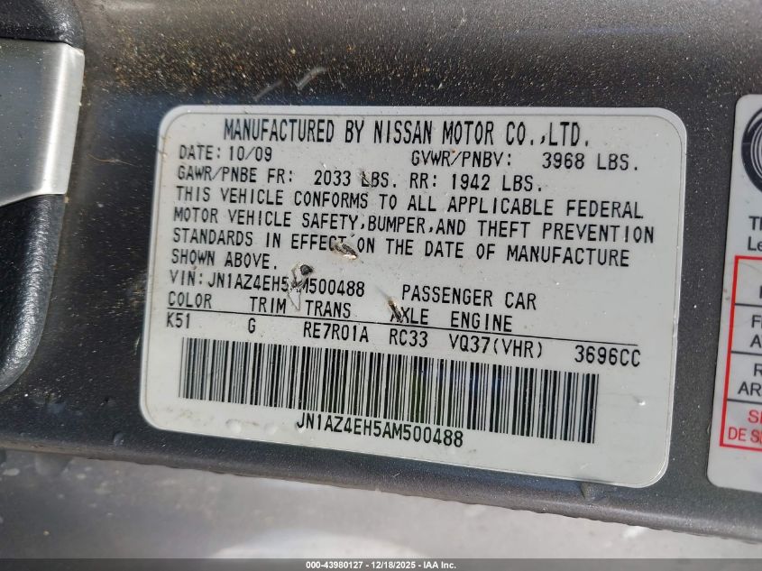 2010 Nissan 370Z VIN: JN1AZ4EH5AM500488 Lot: 43980127
