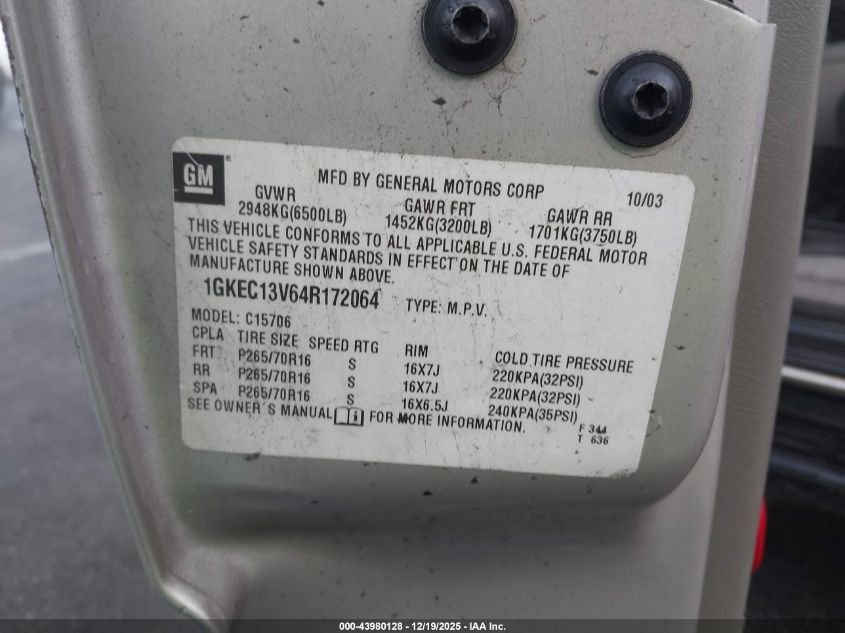 2004 GMC Yukon Slt VIN: 1GKEC13V64R172064 Lot: 43980128