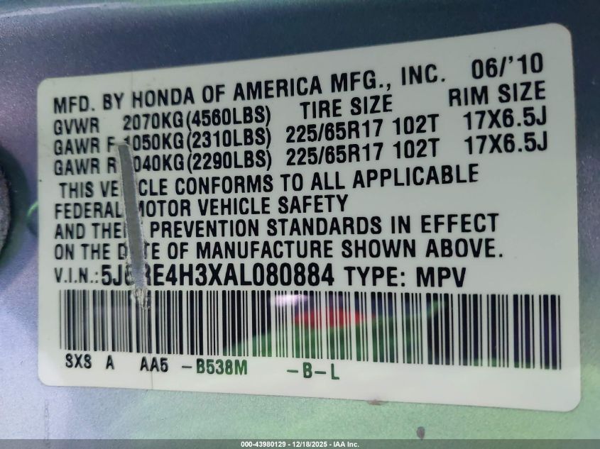 2010 Honda Cr-V Lx VIN: 5J6RE4H3XAL080884 Lot: 43980129