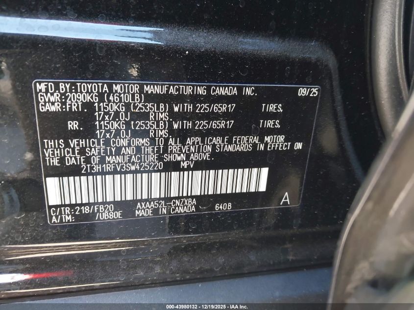 2025 Toyota Rav4 Le VIN: 2T3H1RFV3SW425220 Lot: 43980132