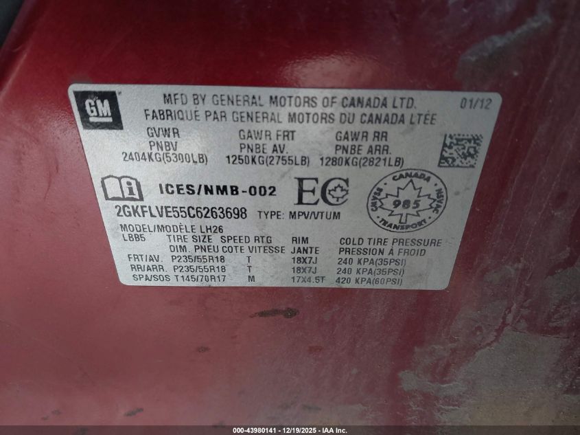 2012 GMC Terrain Slt-1 VIN: 2GKFLVE55C6263698 Lot: 43980141