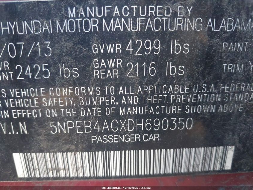 2013 Hyundai Sonata Gls VIN: 5NPEB4ACXDH690350 Lot: 43980144