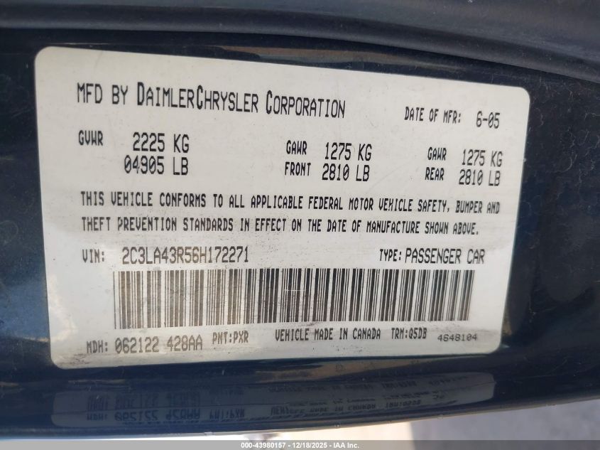 2006 Chrysler 300 VIN: 2C3LA43R56H172271 Lot: 43980157