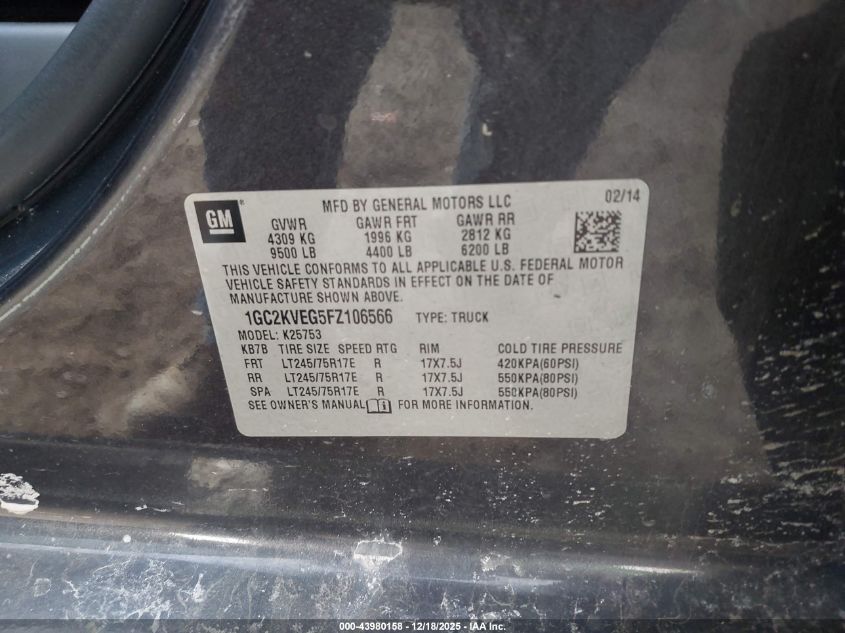 2015 Chevrolet Silverado 2500Hd Lt VIN: 1GC2KVEG5FZ106566 Lot: 43980158