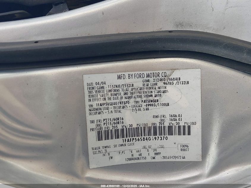 2004 Ford Taurus Sel VIN: 1FAFP56S84G197370 Lot: 43980169