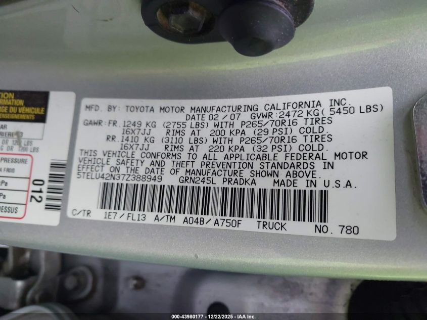2007 Toyota Tacoma Base V6 VIN: 5TELU42N37Z388949 Lot: 43980177